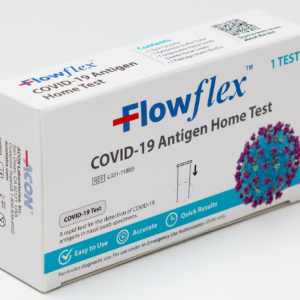 ACON Labs Flowflex COVID-19 Antigen Home Test. 1 Test per box . White box with red and blue fonts,; this packaging is known as the FDA EUA Authorized test for use in the USA.
