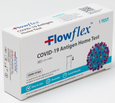ACON Labs Flowflex COVID-19 Antigen Home Test. 1 Test per box . White box with red and blue fonts,; this packaging is known as the FDA EUA Authorized test for use in the USA.
